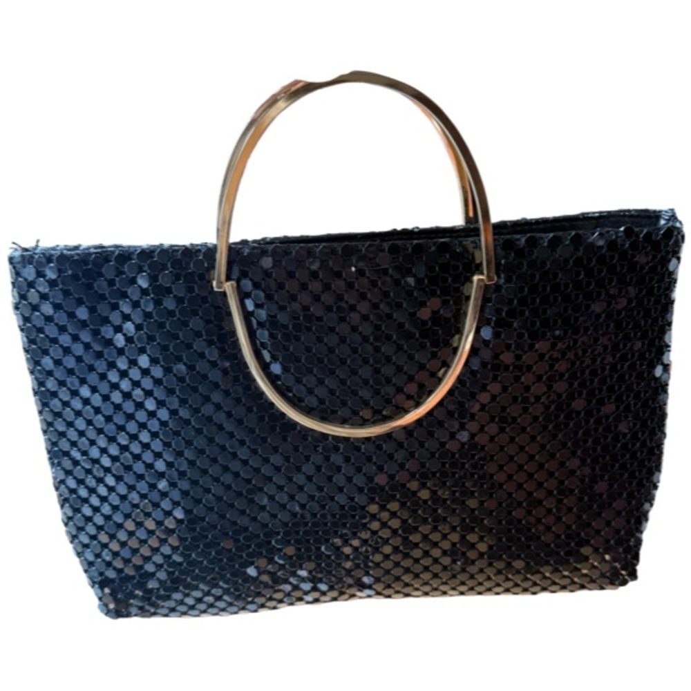 Vintage Elegant Black Metallic Mesh Evening Bag w/ Gold Handles